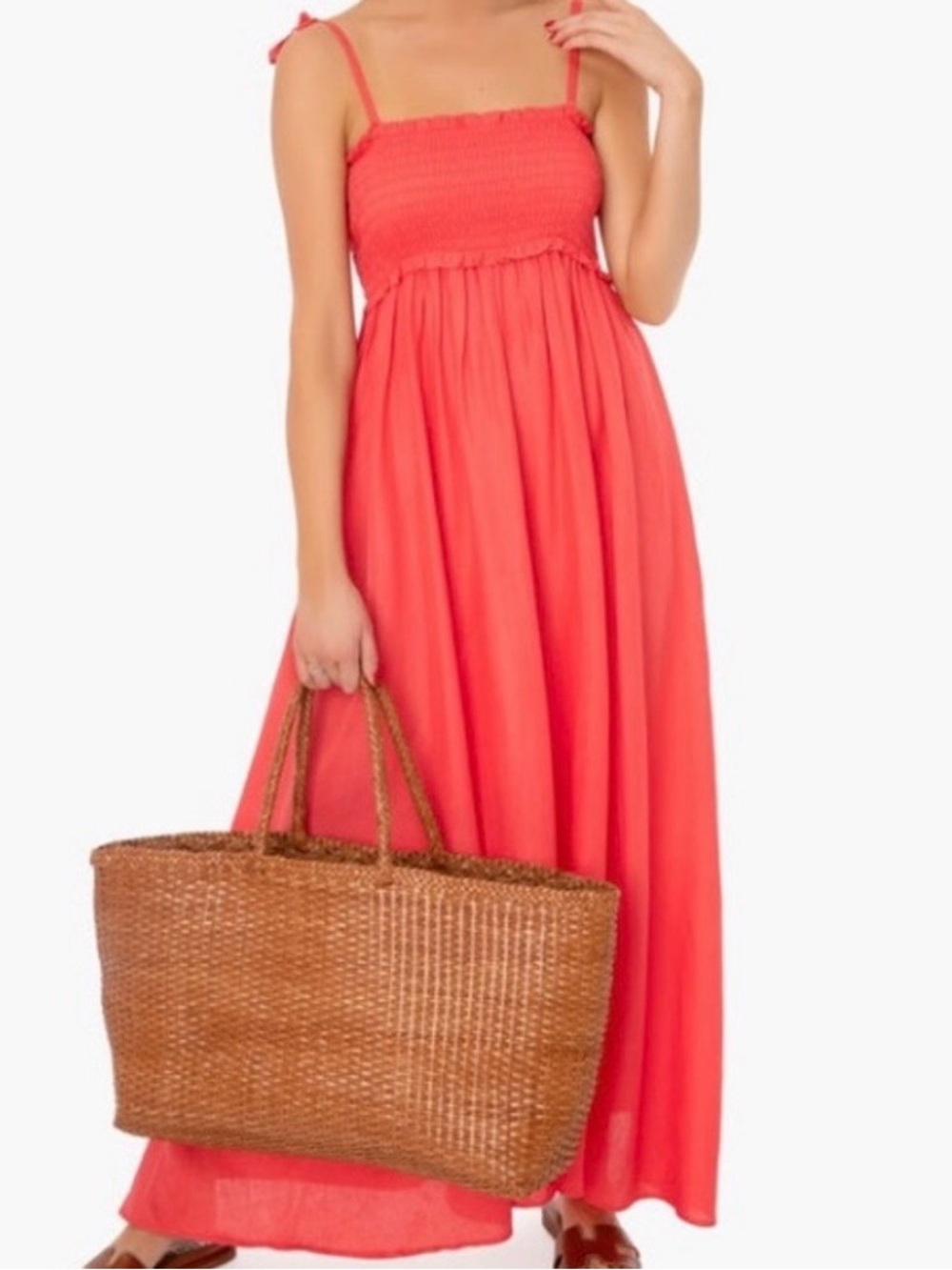 Tuckernuck Pomander Place Shaollon Coral Tie-Strap Smocked Maxi Dress
